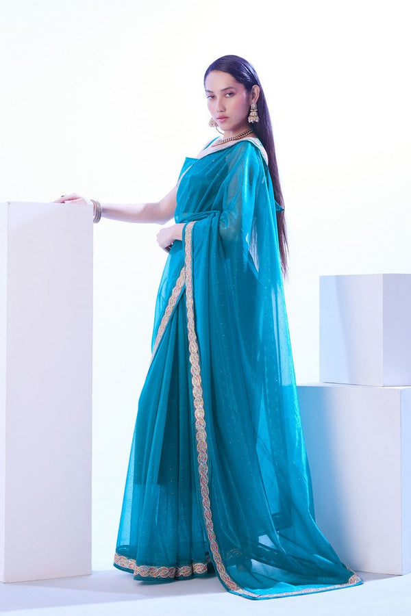 Dazzling Turquoise Color Net Fabric Designer Saree