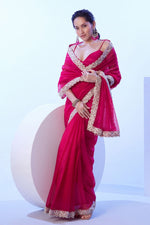 Dazzling Pink Color Net Fabric Designer Saree