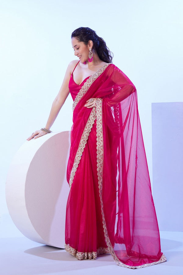 Dazzling Pink Color Net Fabric Designer Saree