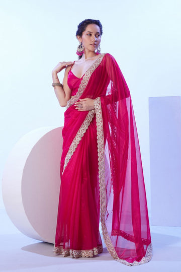 Dazzling Pink Color Net Fabric Designer Saree