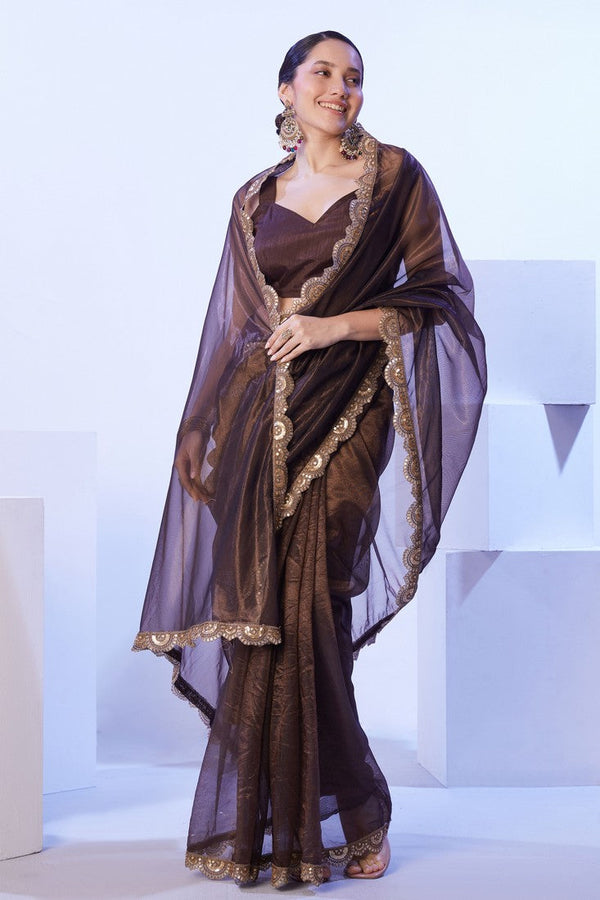 Dazzling Brown Color Net Fabric Designer Saree