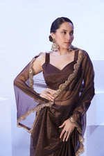 Dazzling Brown Color Net Fabric Designer Saree