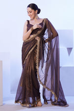 Dazzling Brown Color Net Fabric Designer Saree