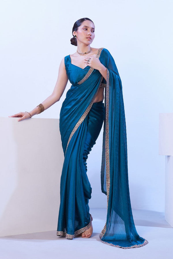 Dazzling Turquoise Color Satin Fabric Designer Saree