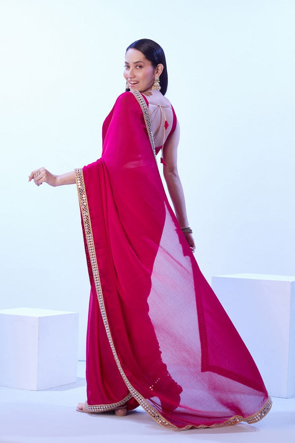 Dazzling Pink Color Satin Fabric Designer Saree