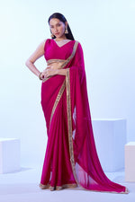 Dazzling Pink Color Satin Fabric Designer Saree