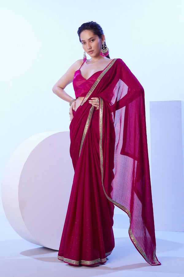 Dazzling Pink Color Satin Fabric Designer Saree