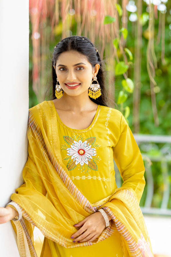Beautiful Yellow Color Silk  Fabric Casual Suit