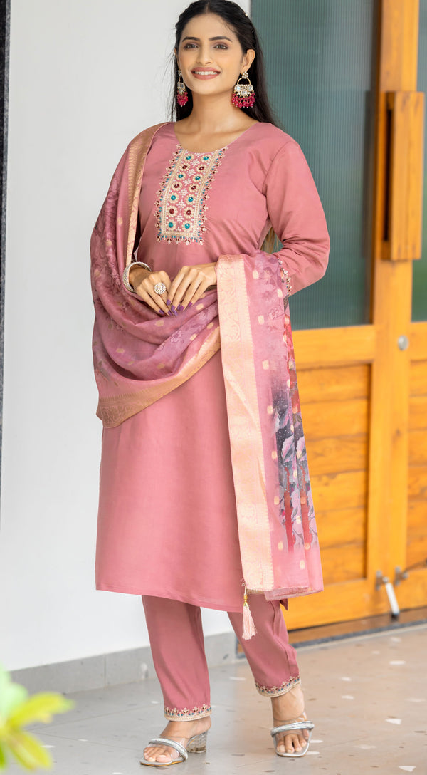 Beautiful Peach Color Silk  Fabric Casual Suit