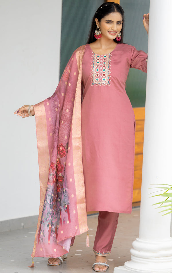 Beautiful Peach Color Silk  Fabric Casual Suit