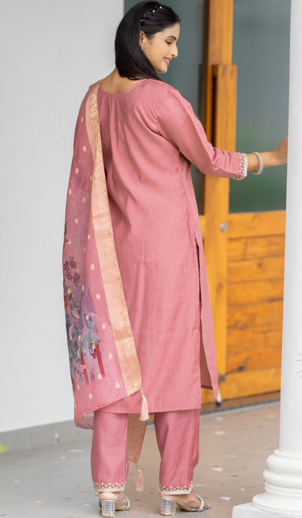 Beautiful Peach Color Silk  Fabric Casual Suit
