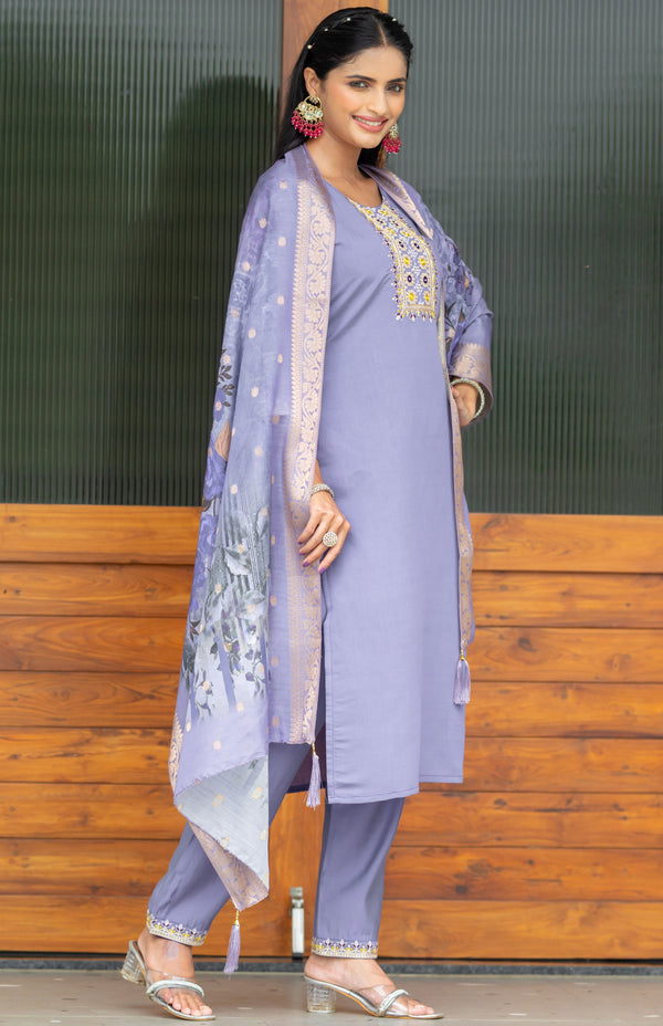 Beautiful Purple Color Silk  Fabric Casual Suit