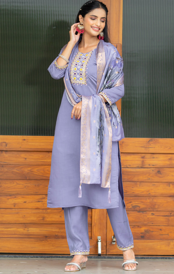 Beautiful Purple Color Silk  Fabric Casual Suit