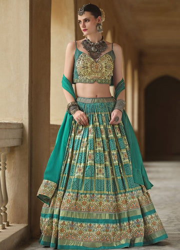 Magnetic Green Color Silk Fabric Party Wear Lehenga