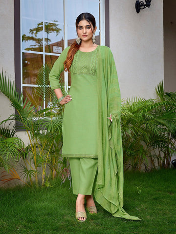 Dazzling Green Color Cotton Fabric Designer Suit