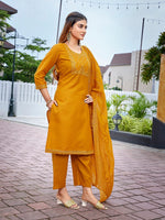 Dazzling Mustard Color Cotton Fabric Designer Suit