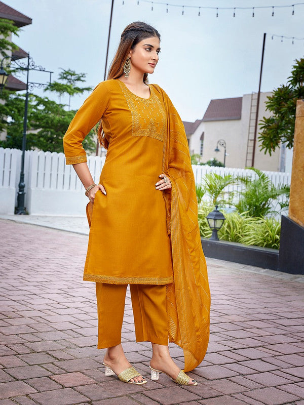 Dazzling Mustard Color Cotton Fabric Designer Suit