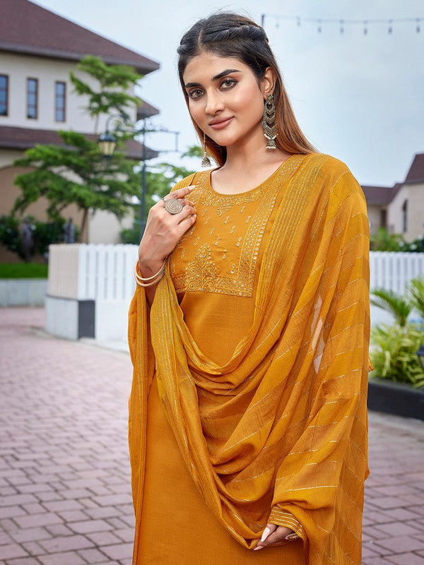 Dazzling Mustard Color Cotton Fabric Designer Suit