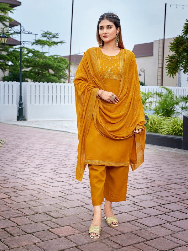 Dazzling Mustard Color Cotton Fabric Designer Suit