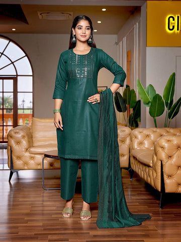 Dazzling Green Color Cotton Fabric Designer Suit