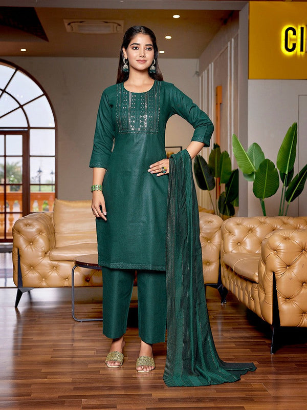 Dazzling Green Color Cotton Fabric Designer Suit