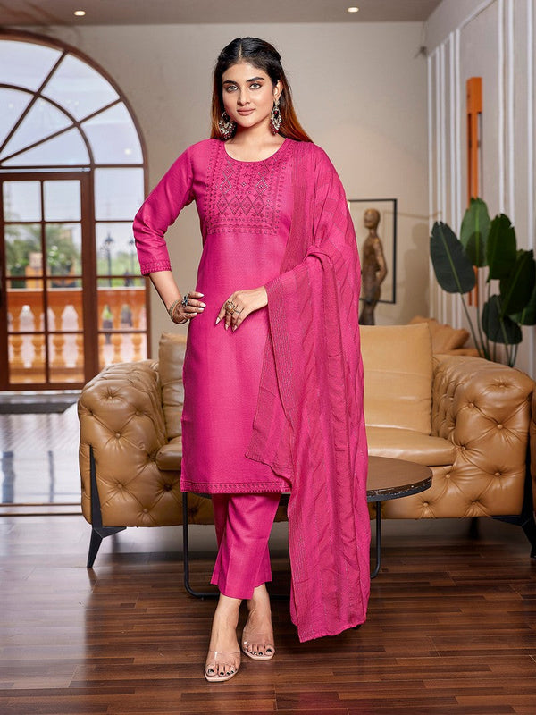 Dazzling Pink Color Cotton Fabric Designer Suit