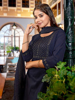 Dazzling Navy Blue Color Cotton Fabric Designer Suit