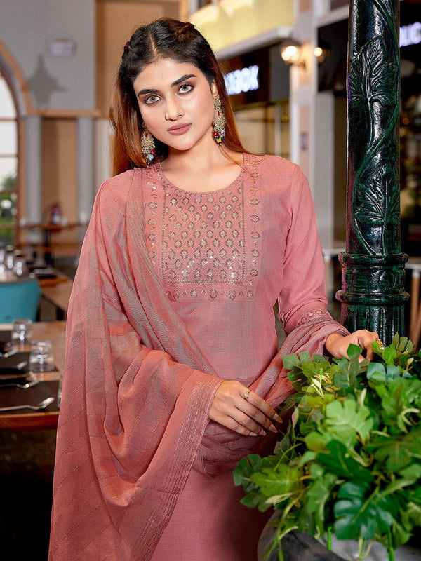 Dazzling Peach Color Cotton Fabric Designer Suit