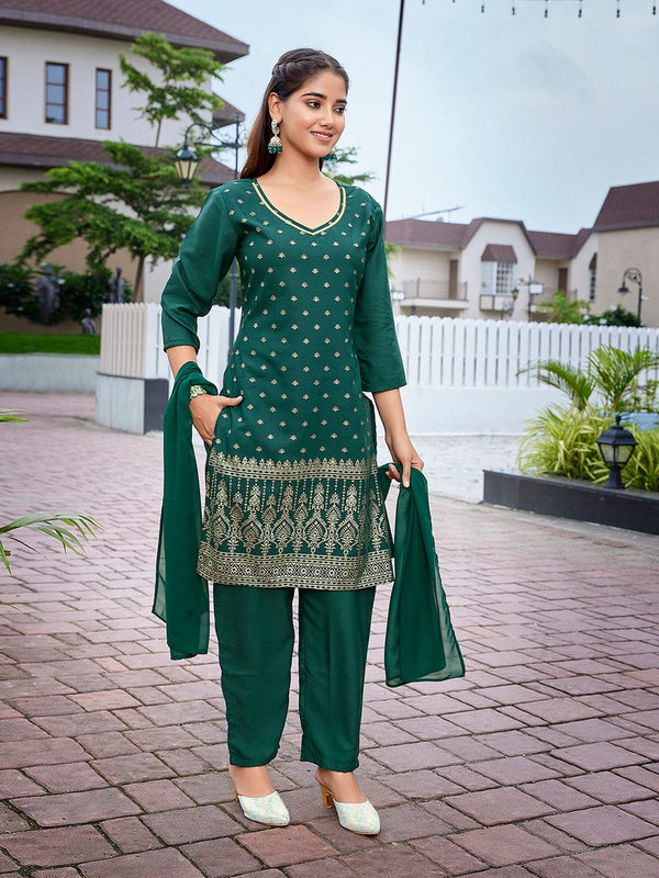 Dazzling Green Color Crepe Fabric Designer Suit