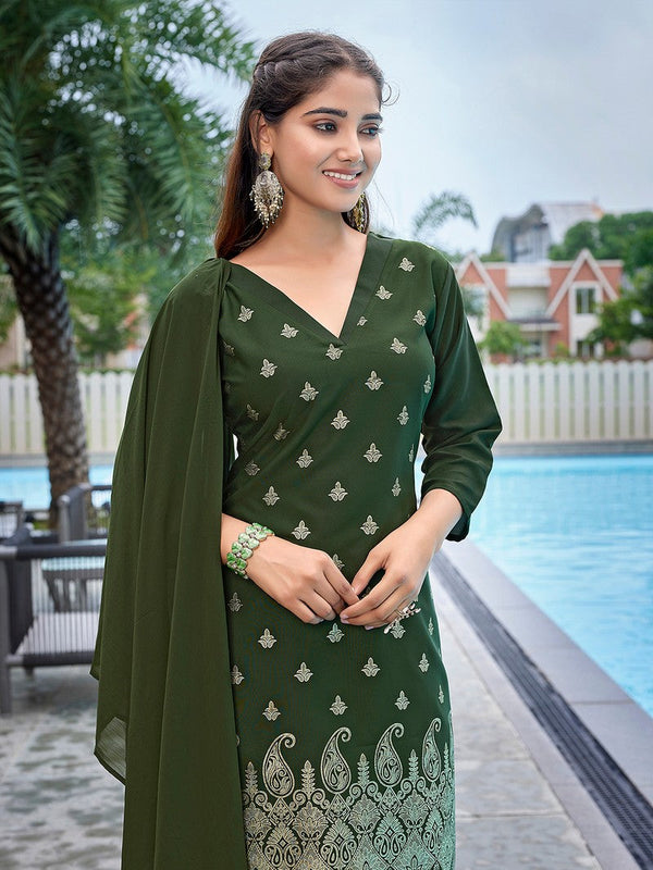 Dazzling Green Color Crepe Fabric Designer Suit