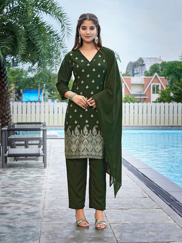 Dazzling Green Color Crepe Fabric Designer Suit