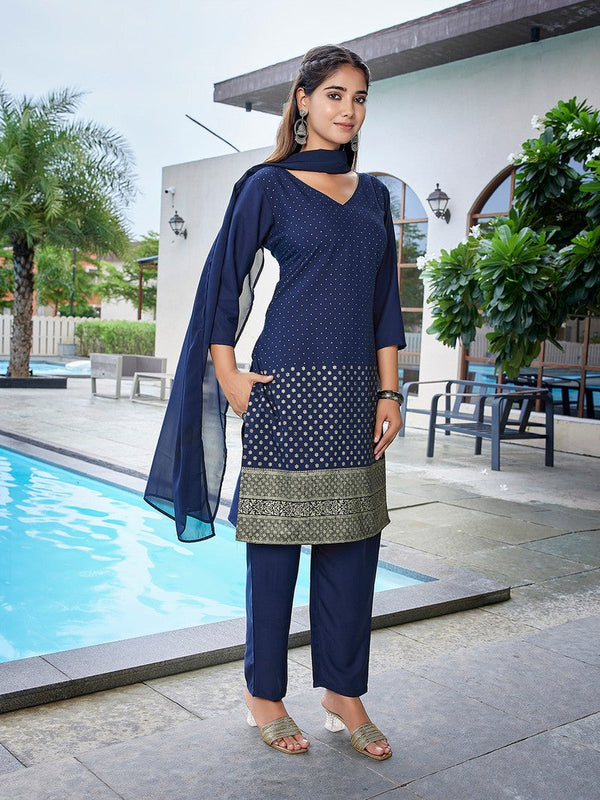 Dazzling Navy Blue Color Crepe Fabric Designer Suit