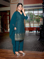 Dazzling Teal  Color Crepe Fabric Designer Suit