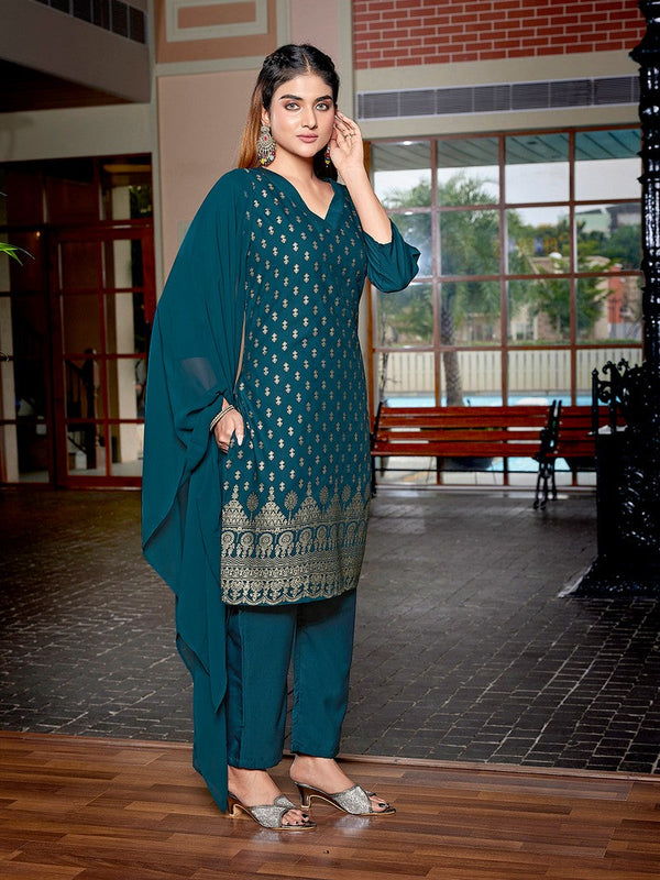 Dazzling Teal  Color Crepe Fabric Designer Suit