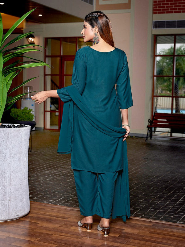 Dazzling Teal  Color Crepe Fabric Designer Suit