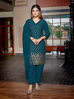 Dazzling Teal  Color Crepe Fabric Designer Suit