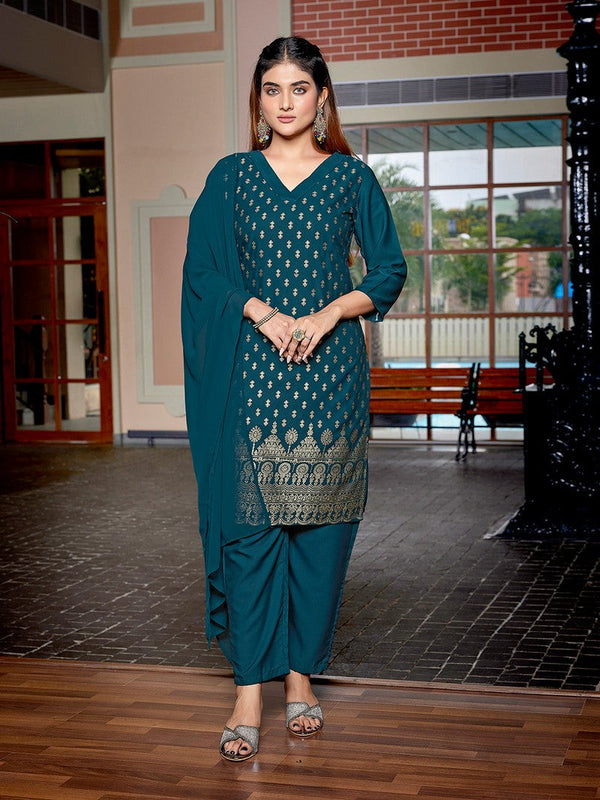 Dazzling Teal  Color Crepe Fabric Designer Suit