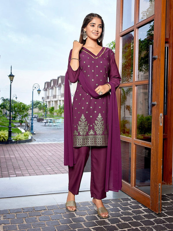 Dazzling Voilet Color Crepe Fabric Designer Suit