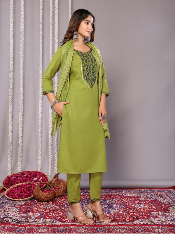 Amazing Green Color Cotton Fabric Designer Suit