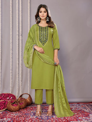 Amazing Green Color Cotton Fabric Designer Suit