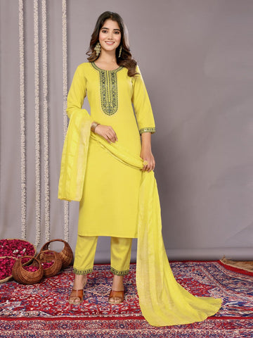 Amazing Yellow Color Cotton Fabric Designer Suit