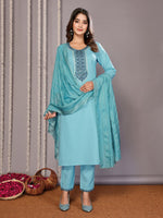 Amazing Turquoise  Color Cotton Fabric Designer Suit