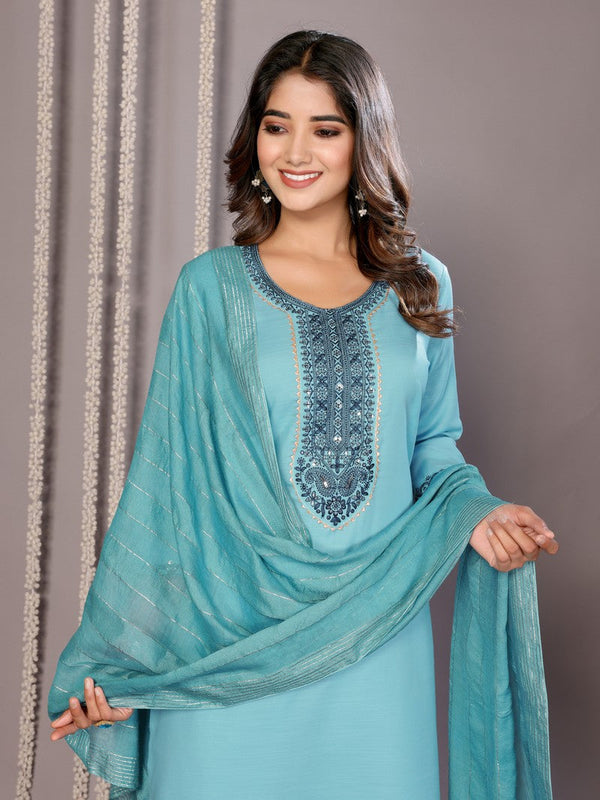 Amazing Turquoise  Color Cotton Fabric Designer Suit