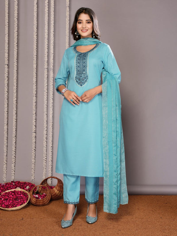 Amazing Turquoise  Color Cotton Fabric Designer Suit