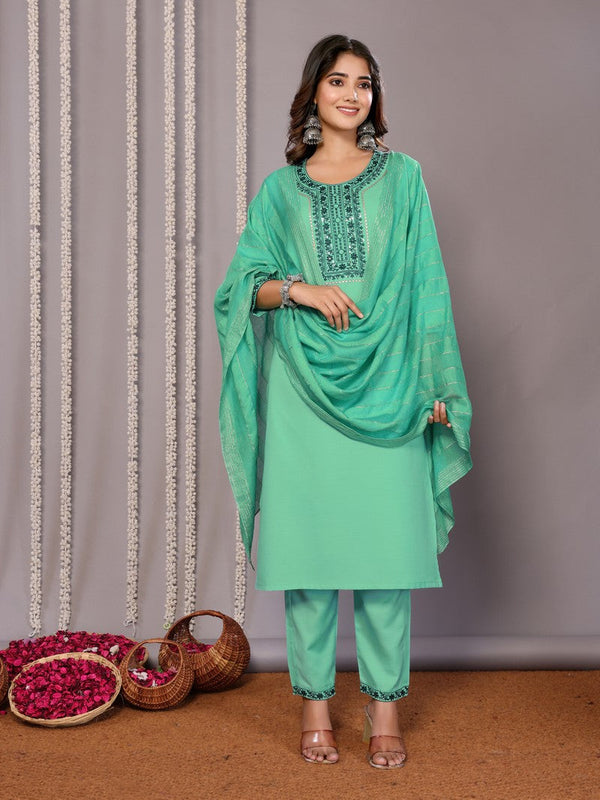 Amazing Green Color Cotton Fabric Designer Suit