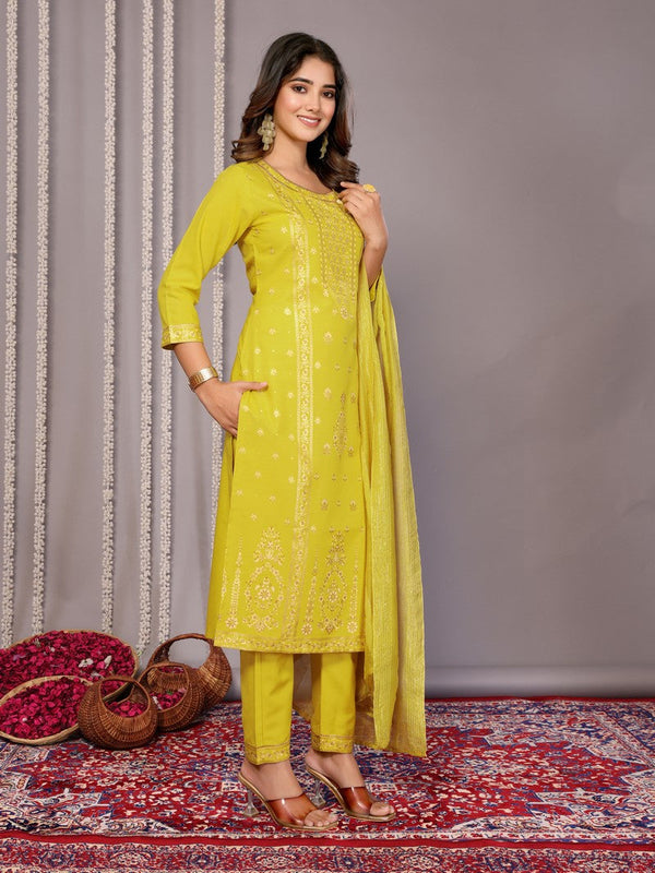 Amazing Yellow Color Cotton Fabric Designer Suit