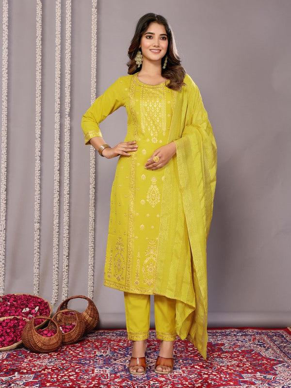 Amazing Yellow Color Cotton Fabric Designer Suit