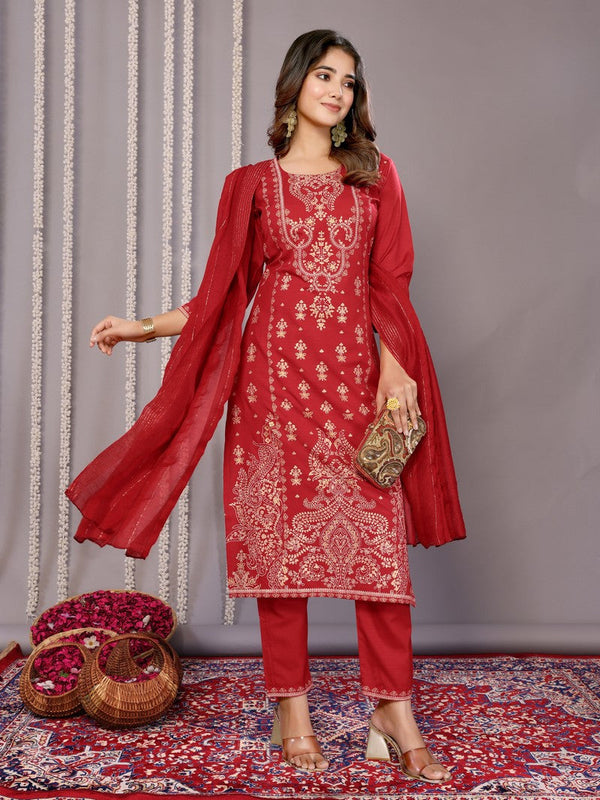 Amazing Red Color Cotton Fabric Designer Suit