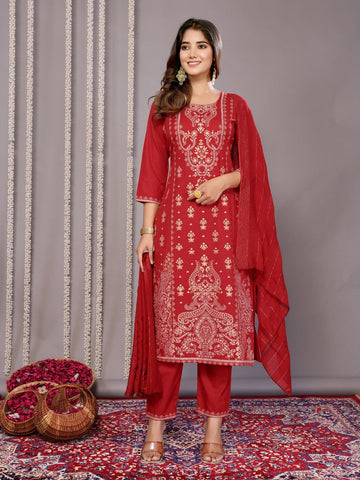 Amazing Red Color Cotton Fabric Designer Suit