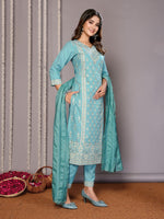 Amazing Turquoise Color Cotton Fabric Designer Suit